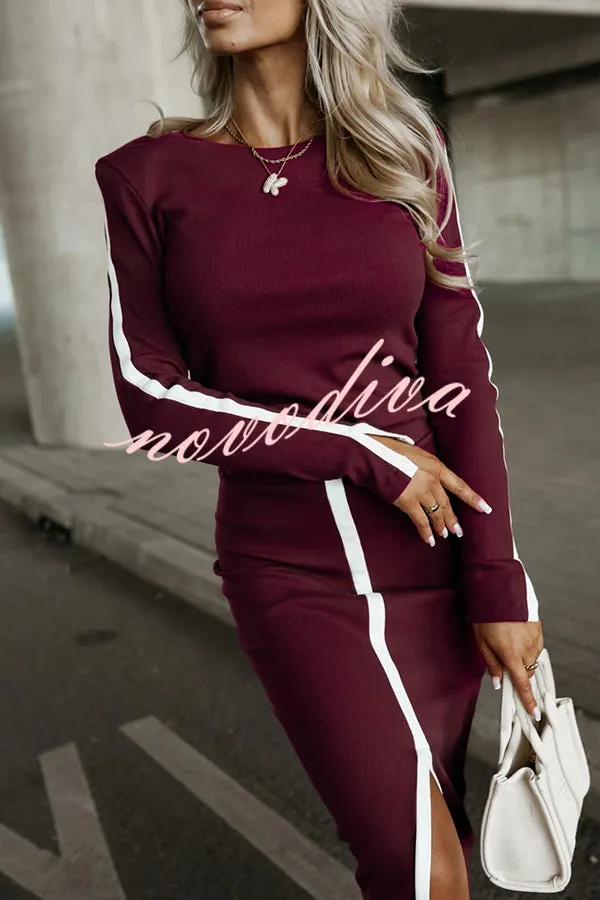 Stylish Paneled Long Sleeve Crew Neck Top and Elastic Waist Slit Midi Skirt Set