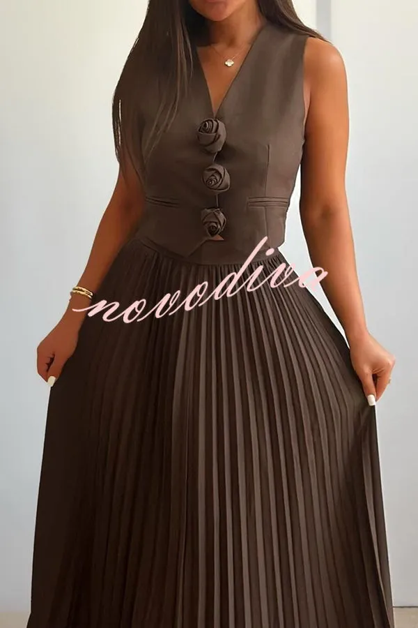 Stylish Rosette Sleeveless Tank Top and Pleated Maxi Skirt Set