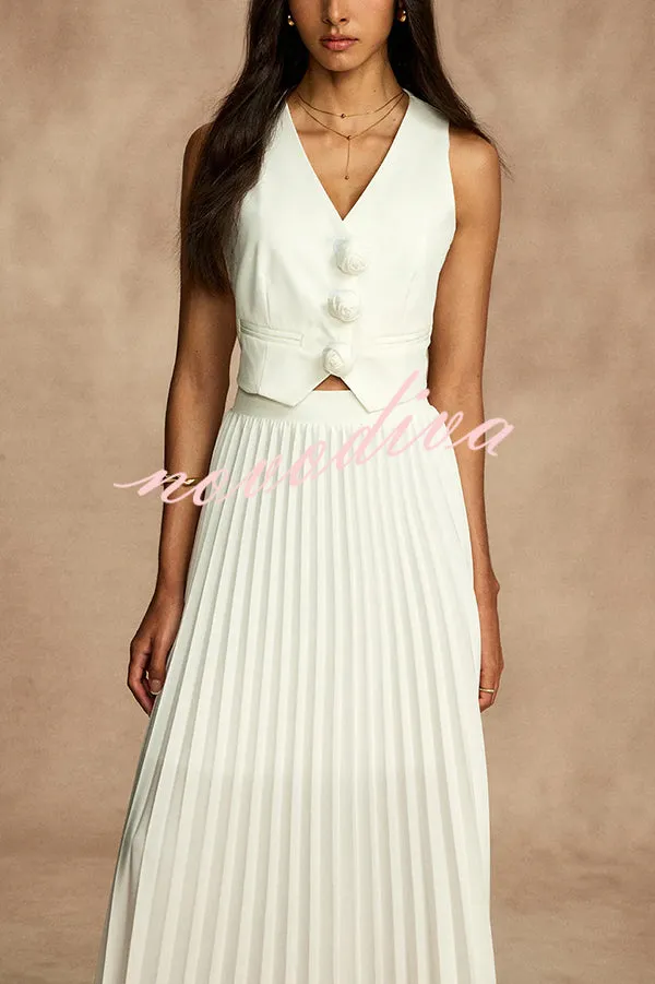 Stylish Rosette Sleeveless Tank Top and Pleated Maxi Skirt Set