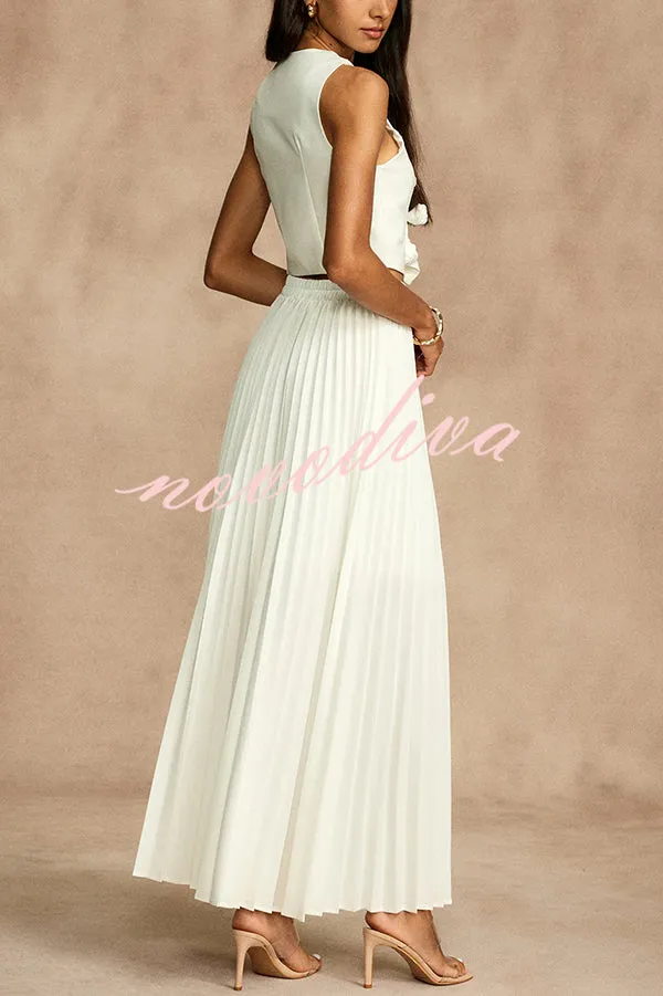 Stylish Rosette Sleeveless Tank Top and Pleated Maxi Skirt Set