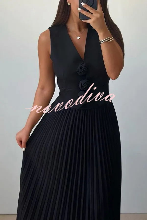 Stylish Rosette Sleeveless Tank Top and Pleated Maxi Skirt Set