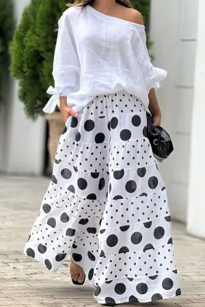 Stylish Tie-cuff Loose Top and Polka Dot Print Pocket Wide Leg Pants Set