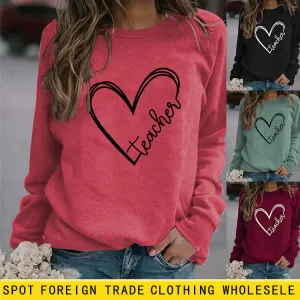 Teacher Heart Letters Round Neck Loose Bottoming Large Size Long-sleeved Sweater Women