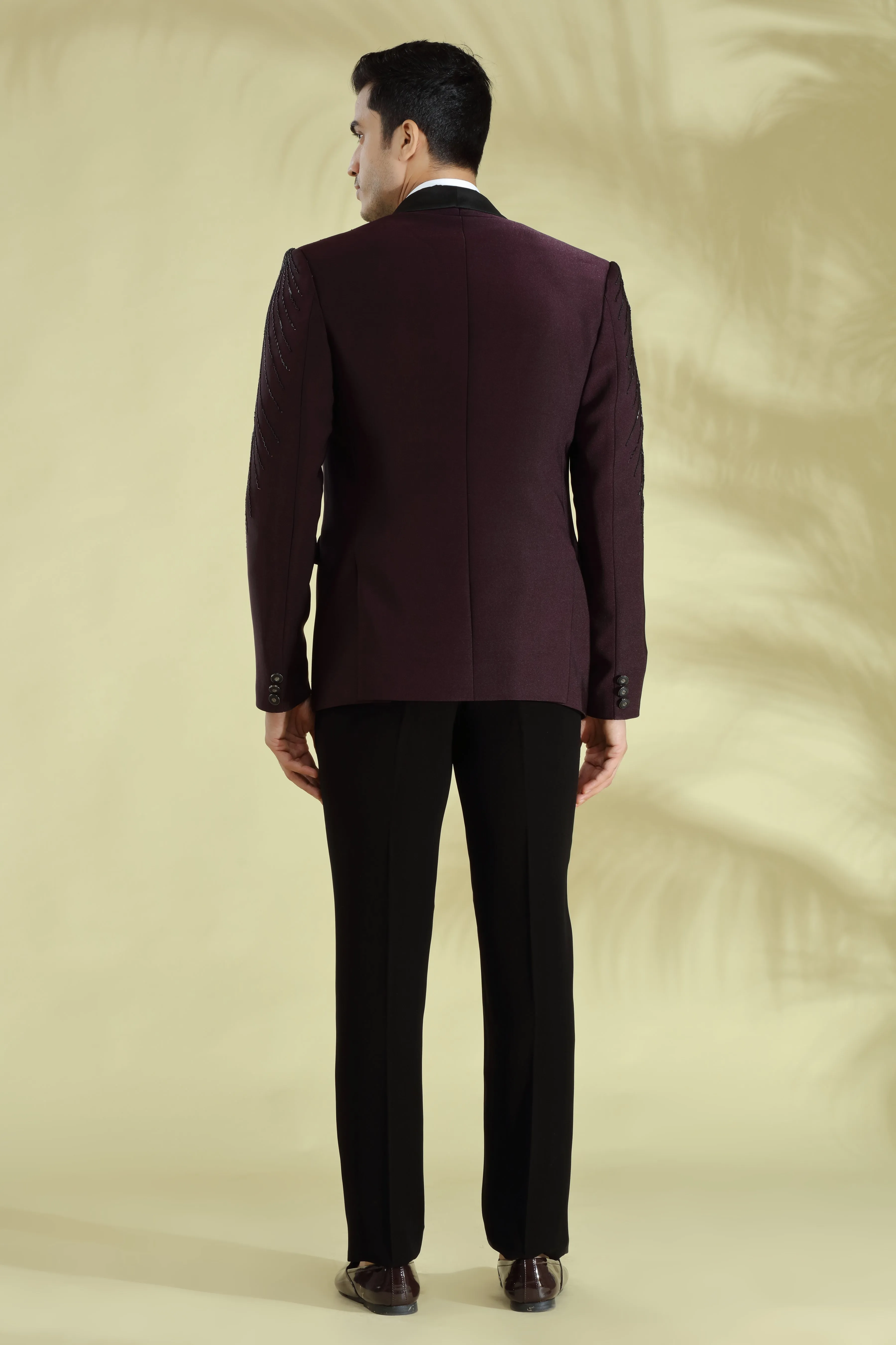 Wine Tuxedo Hand Embroidered With Placement Motif In Zardosi And Cut Dana Work, Styled With Self Embroidered Shirt