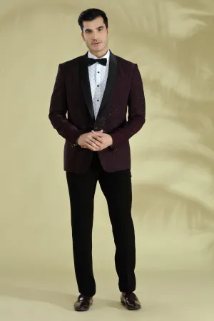 Wine Tuxedo Hand Embroidered With Placement Motif In Zardosi And Cut Dana Work, Styled With Self Embroidered Shirt