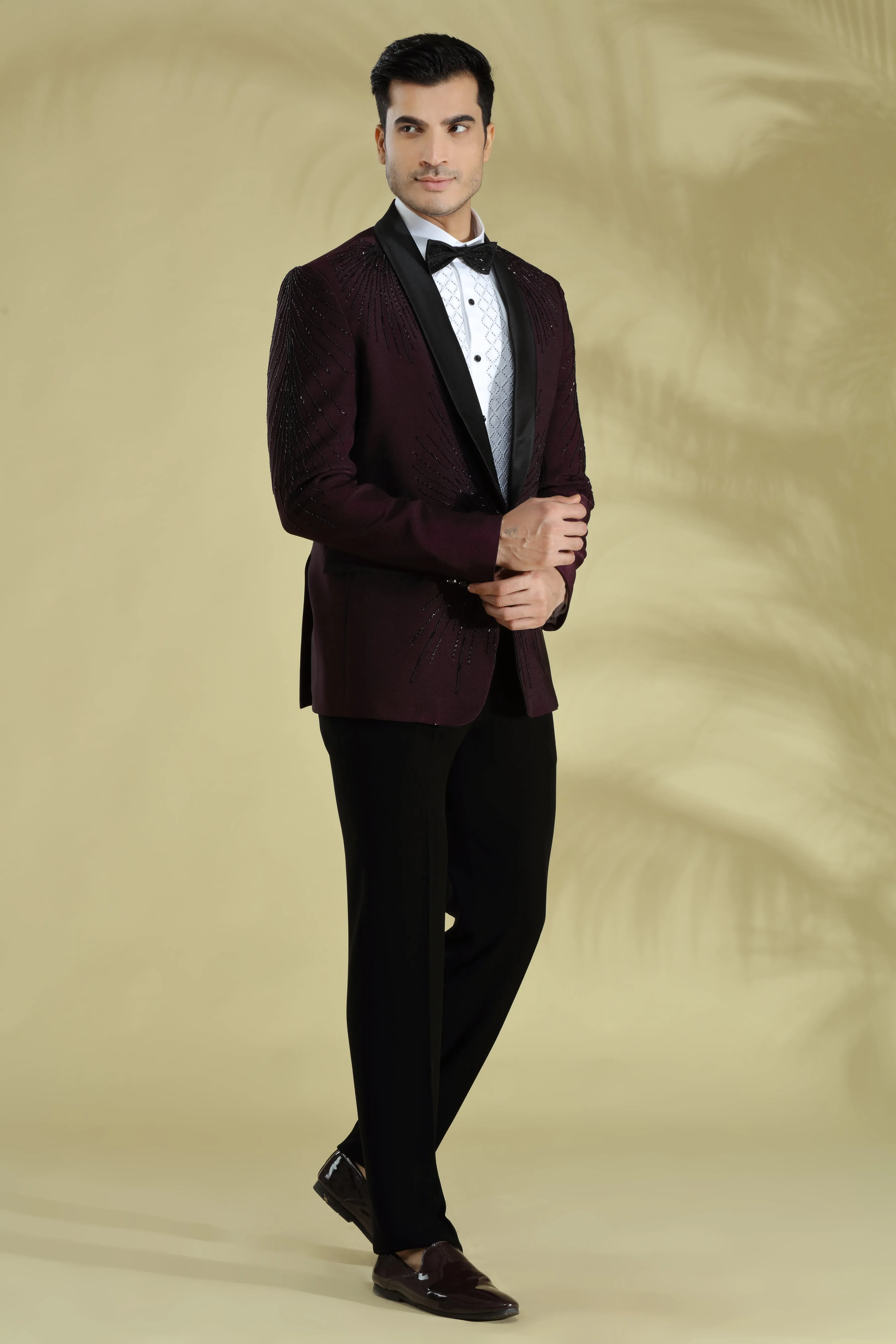 Wine Tuxedo Hand Embroidered With Placement Motif In Zardosi And Cut Dana Work, Styled With Self Embroidered Shirt