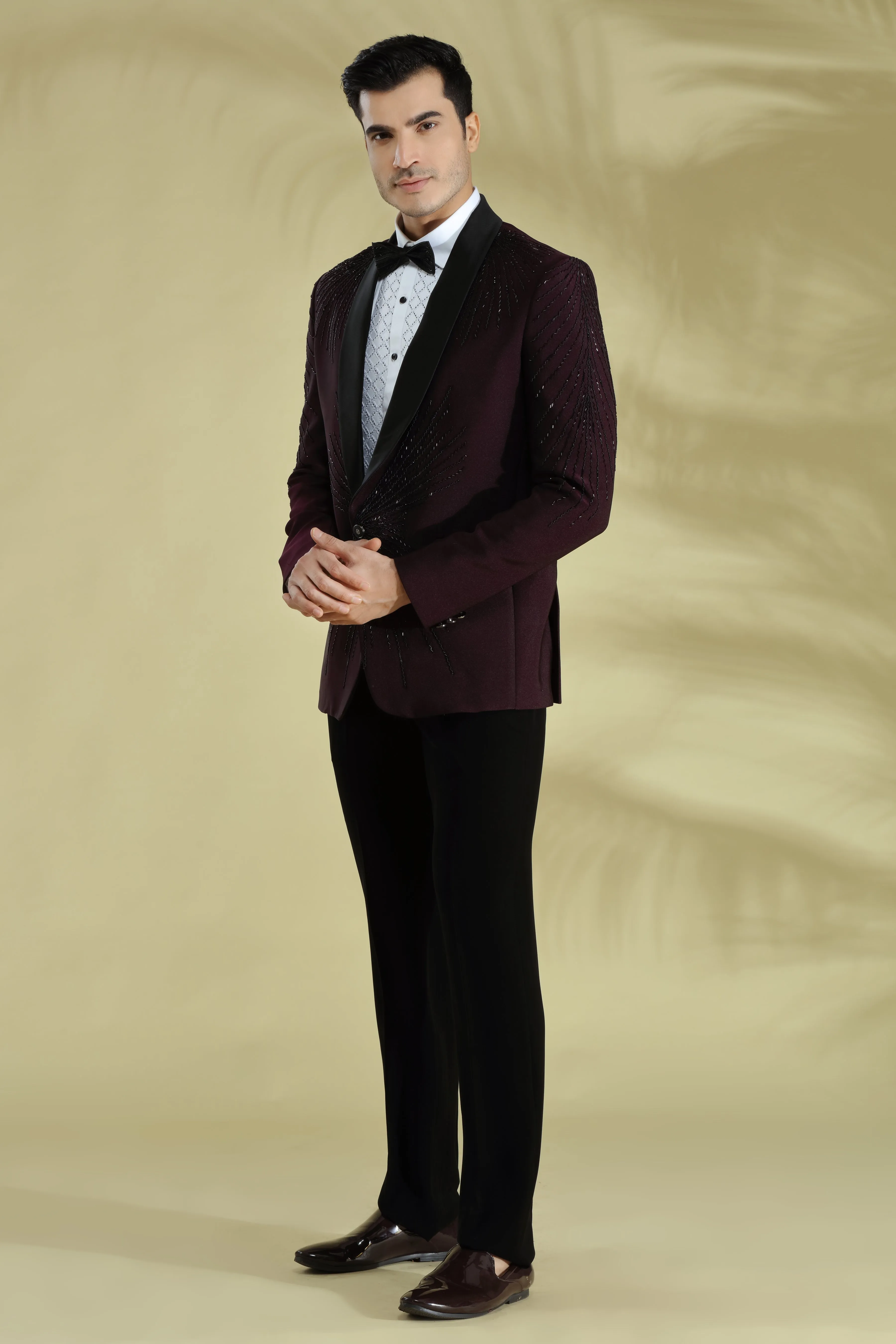 Wine Tuxedo Hand Embroidered With Placement Motif In Zardosi And Cut Dana Work, Styled With Self Embroidered Shirt