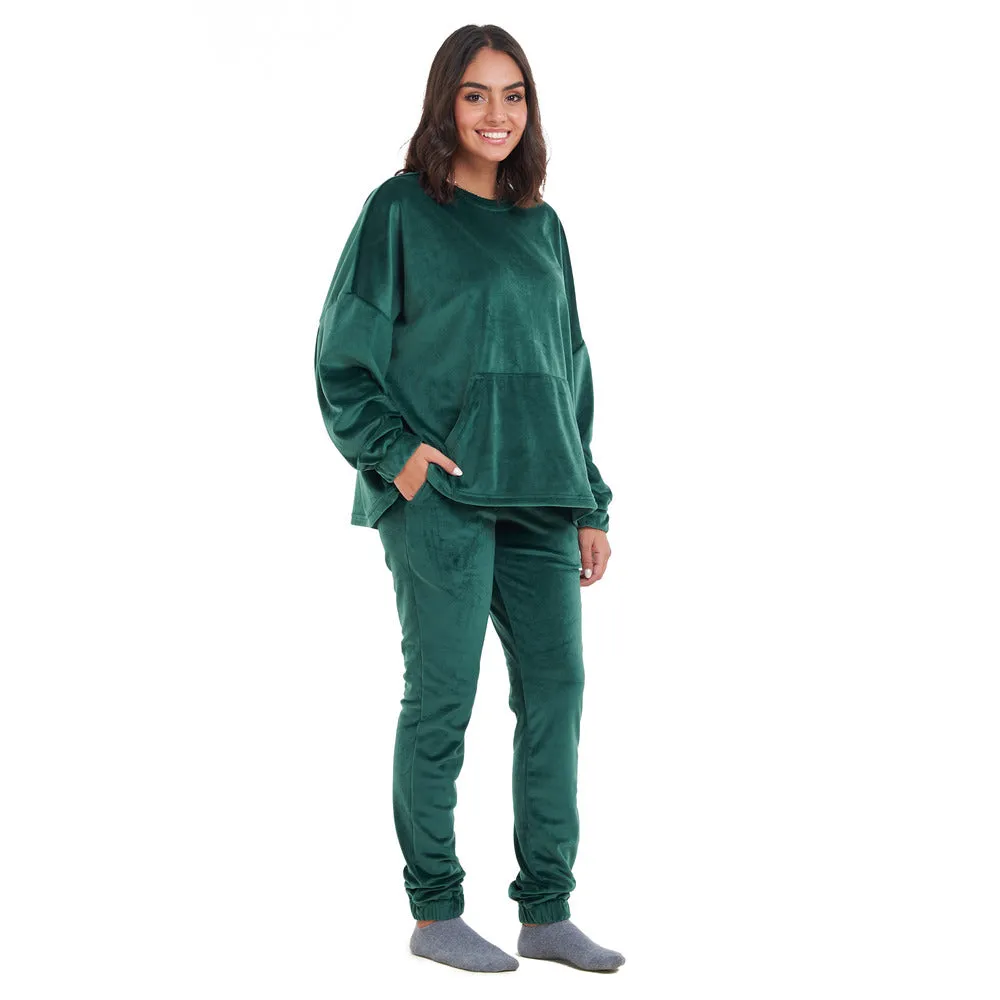 Women Winter Pajama Set Dark green Sweatshirt   Pants