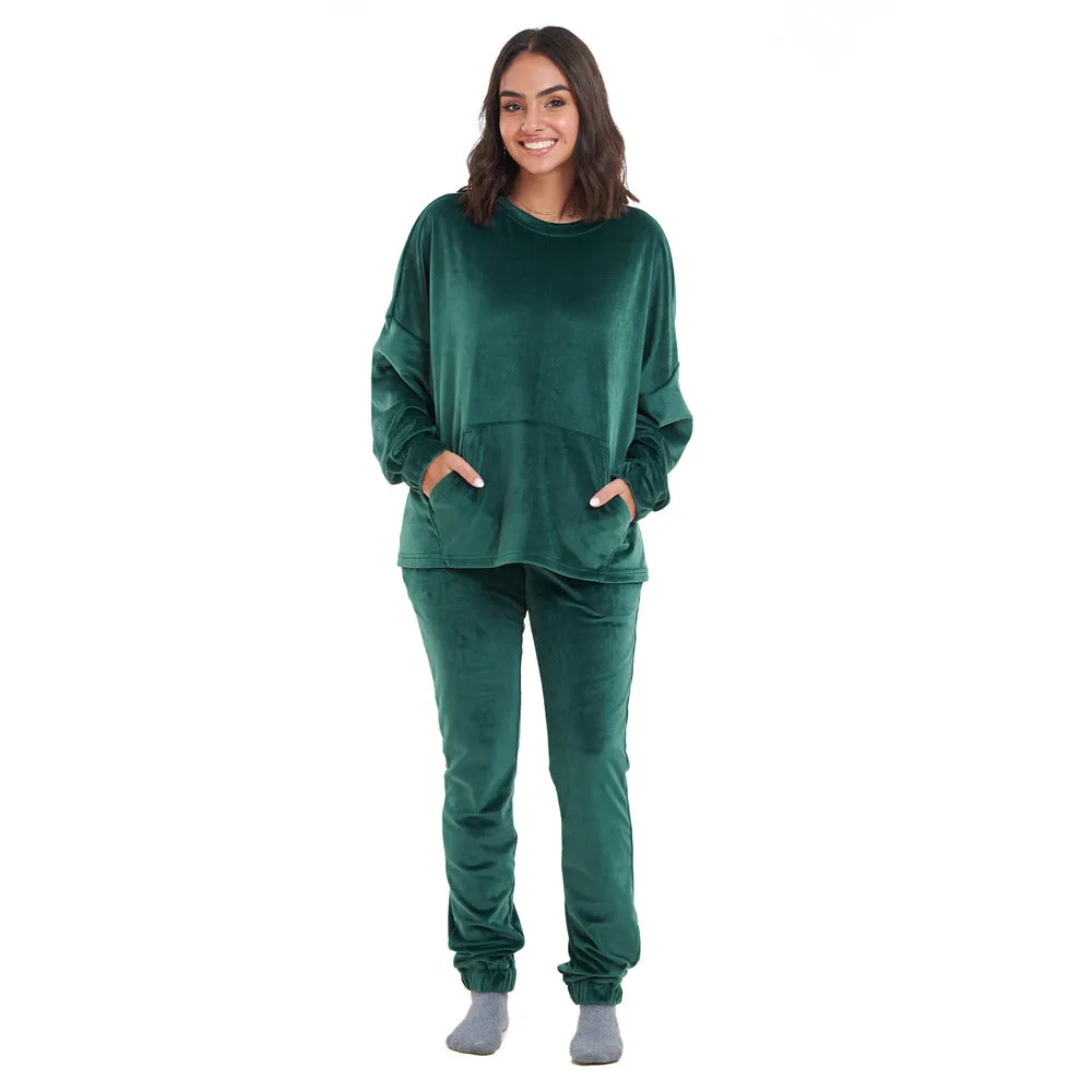 Women Winter Pajama Set Dark green Sweatshirt   Pants