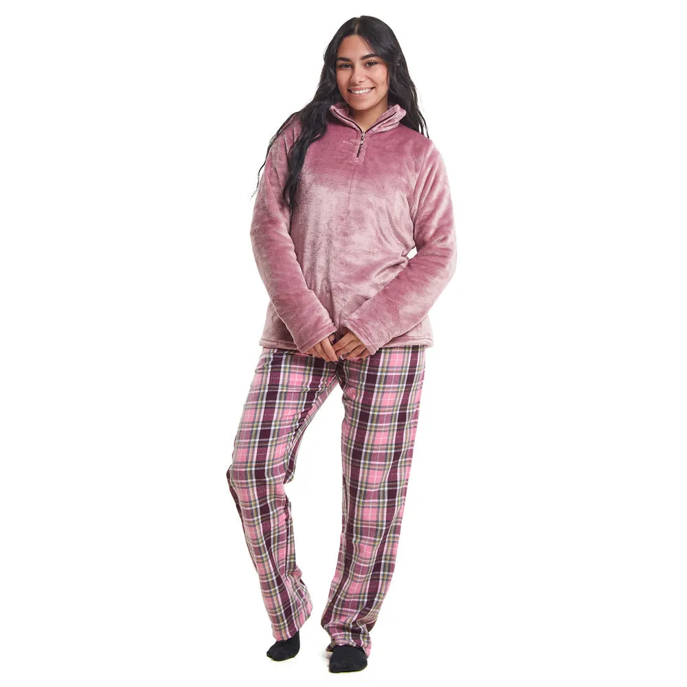 Women Winter Pajama Set Light Mauve Sweatshirt   Dark Purple x Pink Checkered Pants