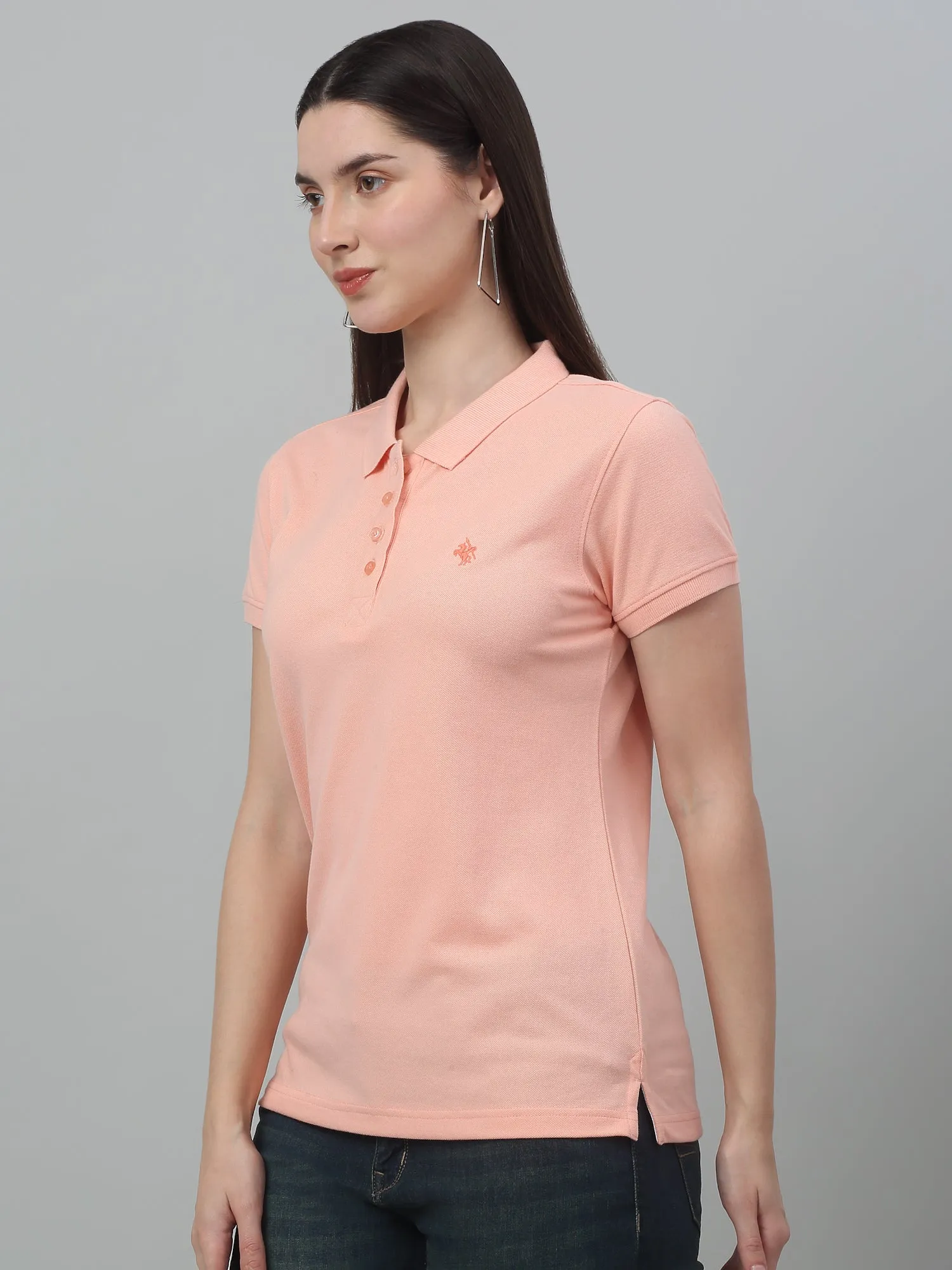 Women's Casual Regular Short Sleeve Peach Polo neck  T-Shirt