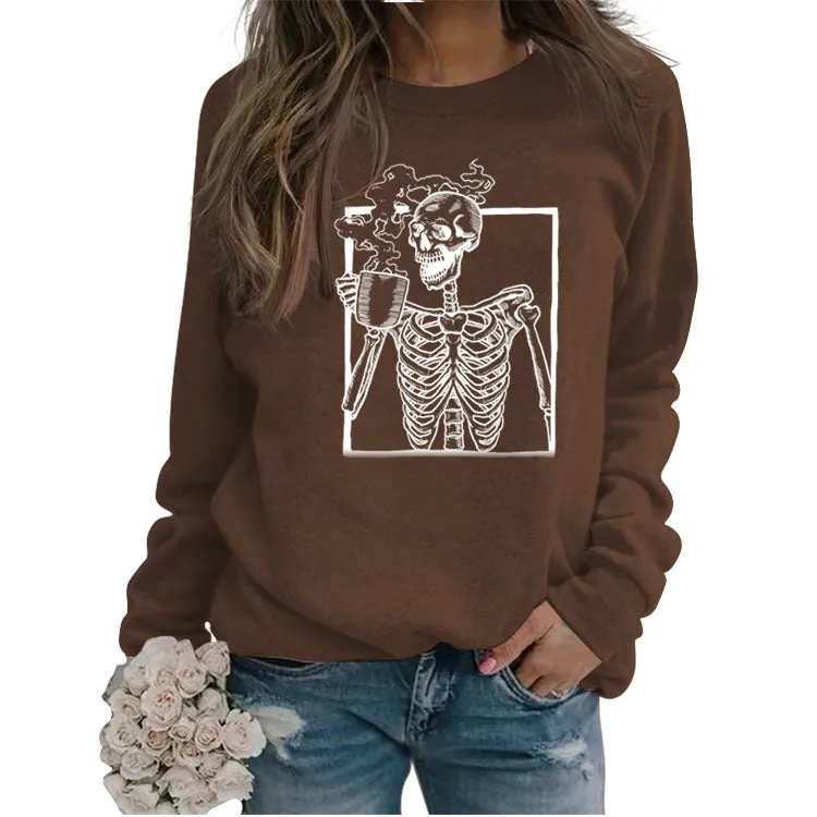 Women's Skull Print Long-sleeved Large Size Loose Sweatshirt