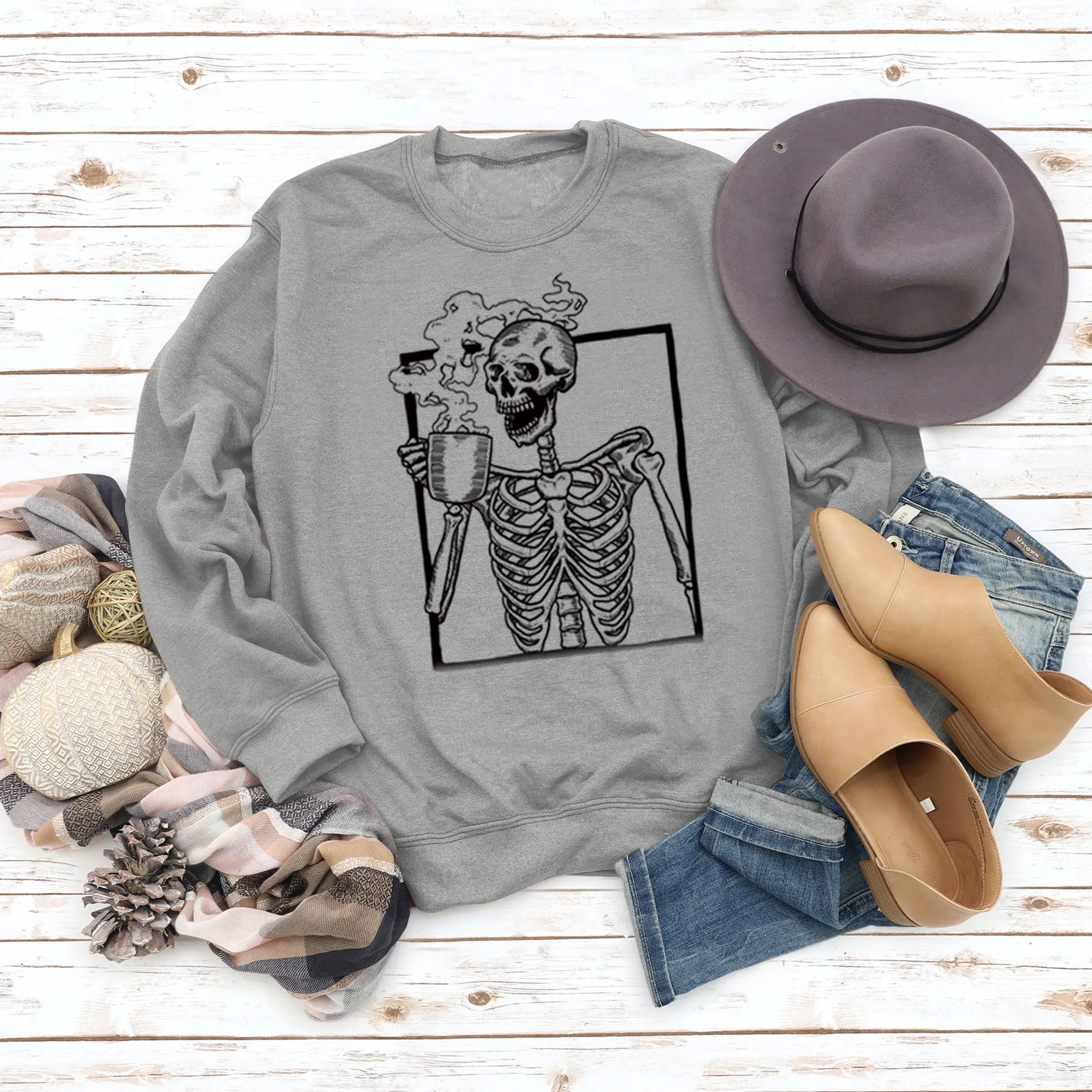 Women's Skull Print Long-sleeved Large Size Loose Sweatshirt