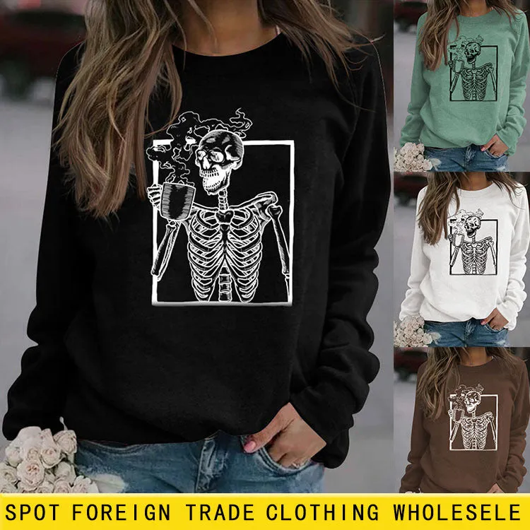 Women's Skull Print Long-sleeved Large Size Loose Sweatshirt