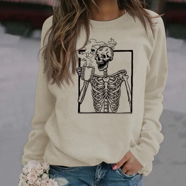 Women's Skull Print Long-sleeved Large Size Loose Sweatshirt