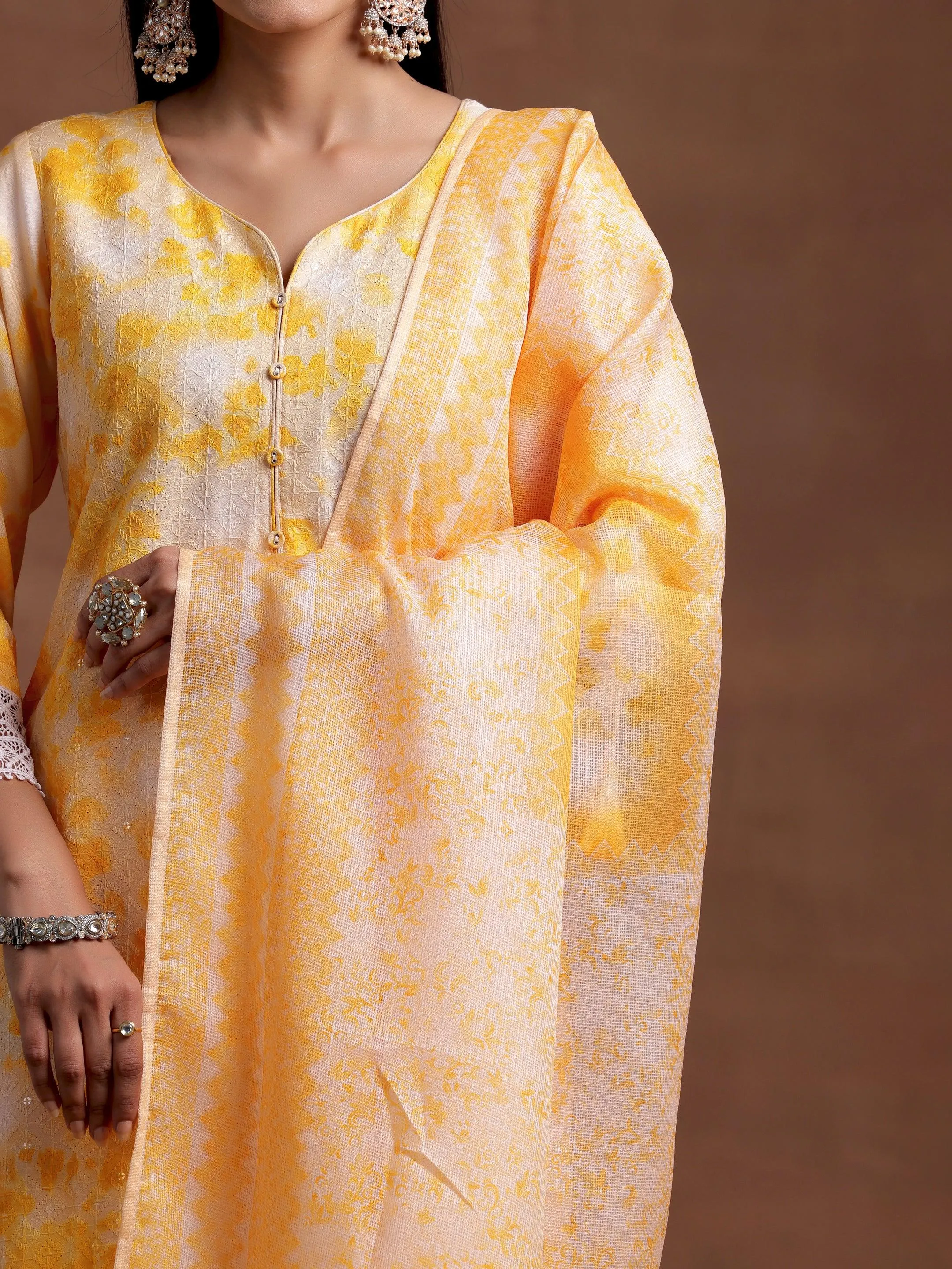 Yellow Embroidered Cotton Blend Straight Suit With Dupatta