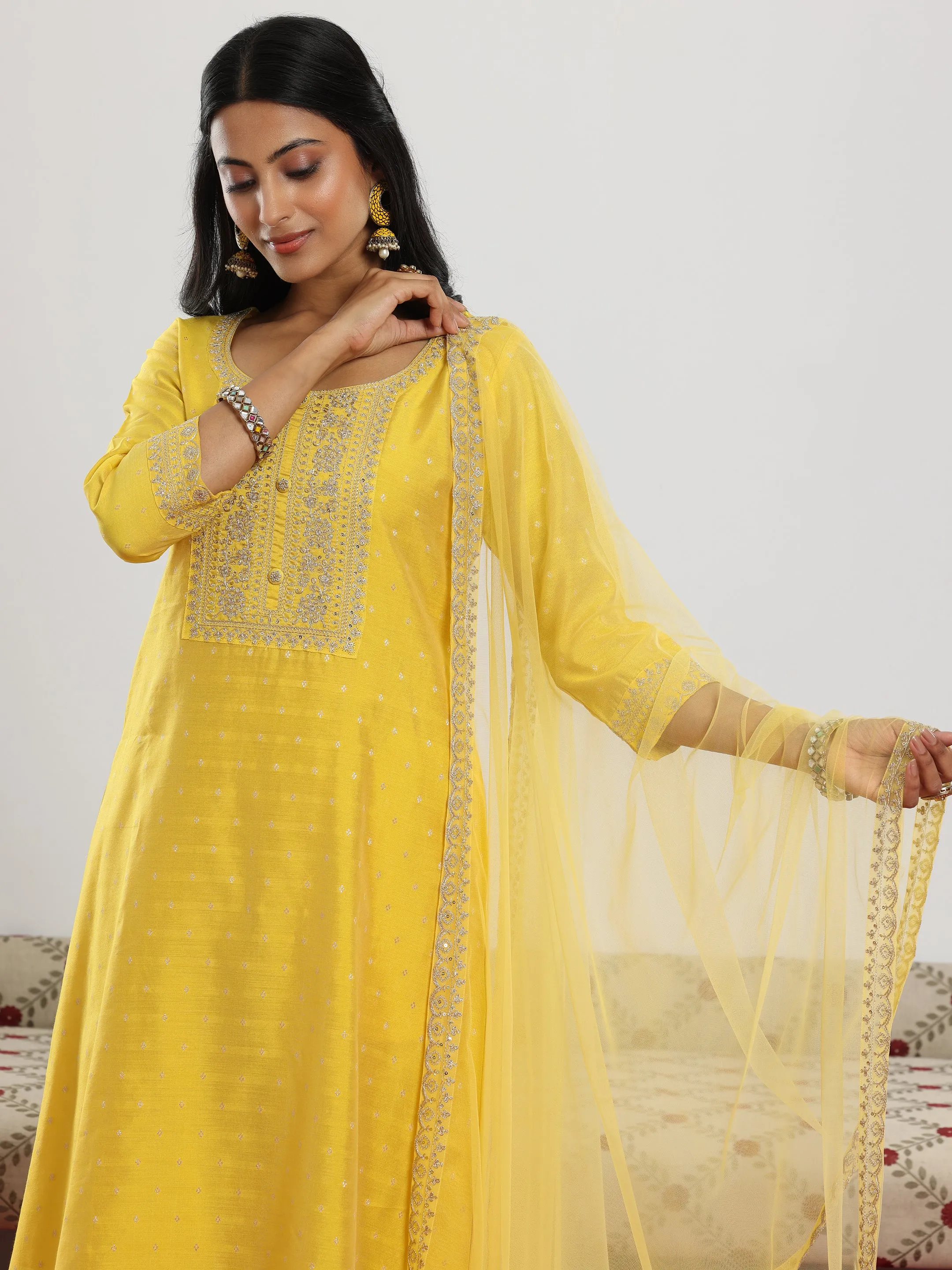 Yellow Woven Design Chanderi Silk A-Line Kurta With Trousers & Dupatta