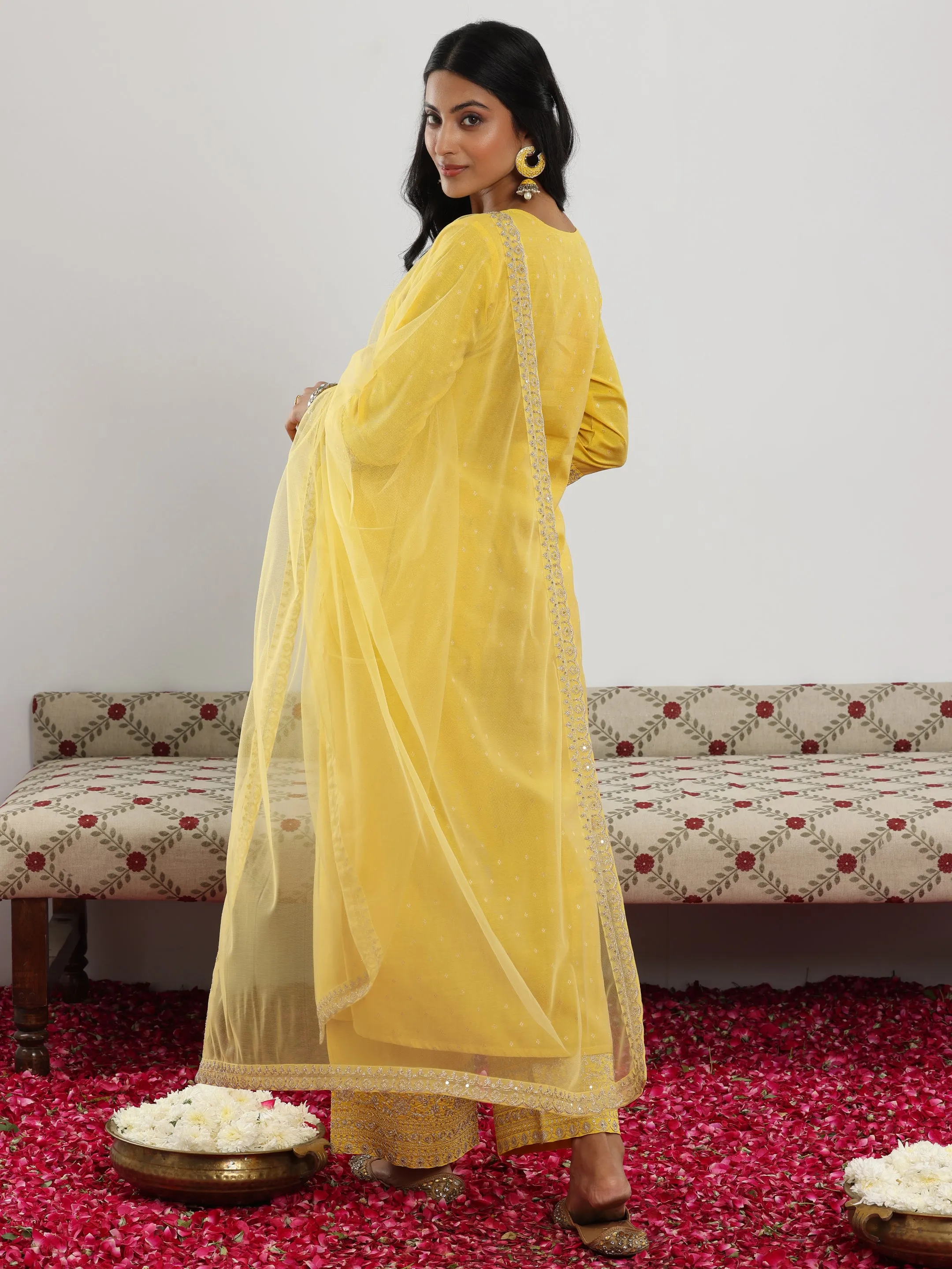 Yellow Woven Design Chanderi Silk A-Line Kurta With Trousers & Dupatta