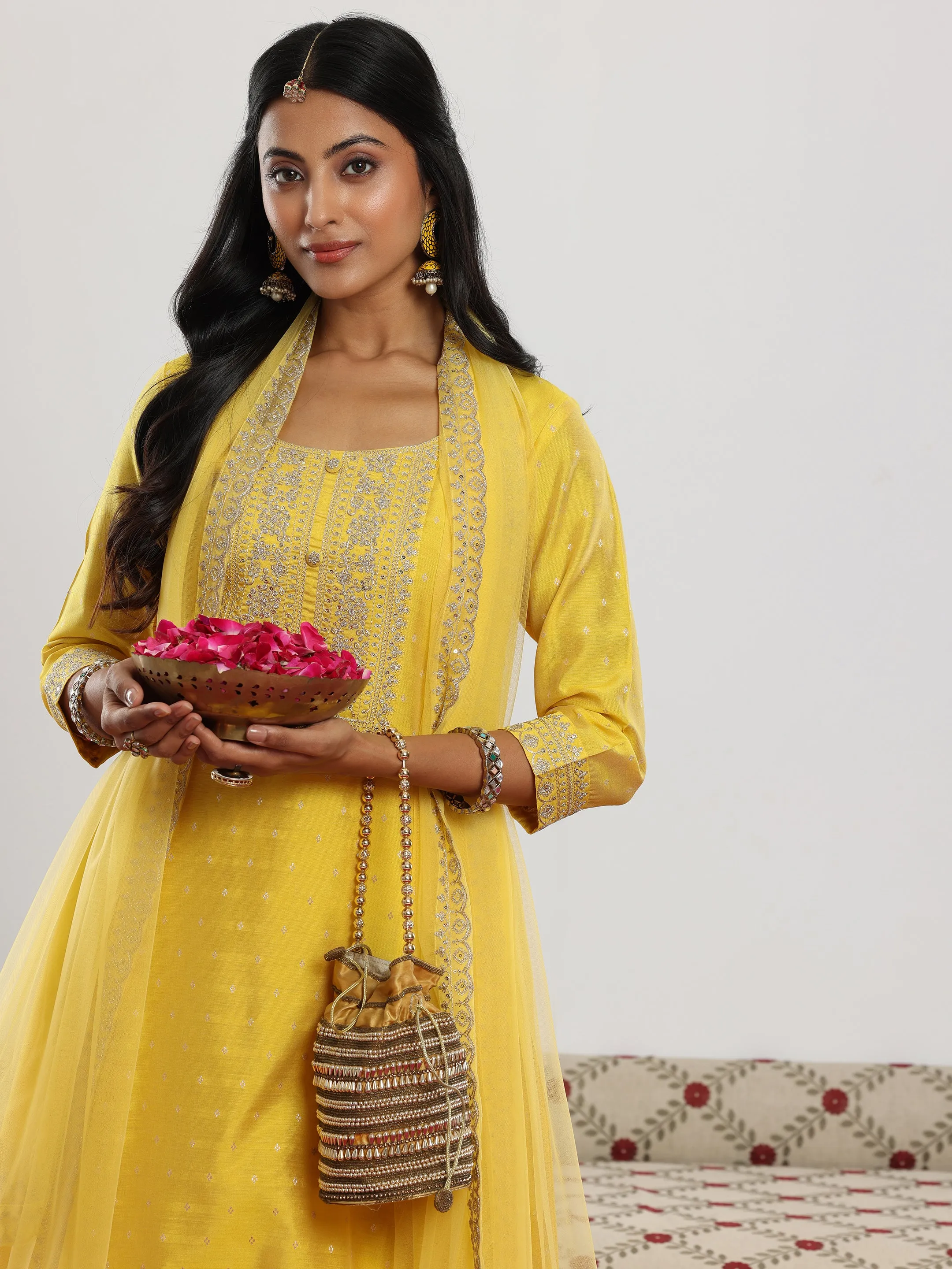 Yellow Woven Design Chanderi Silk A-Line Kurta With Trousers & Dupatta