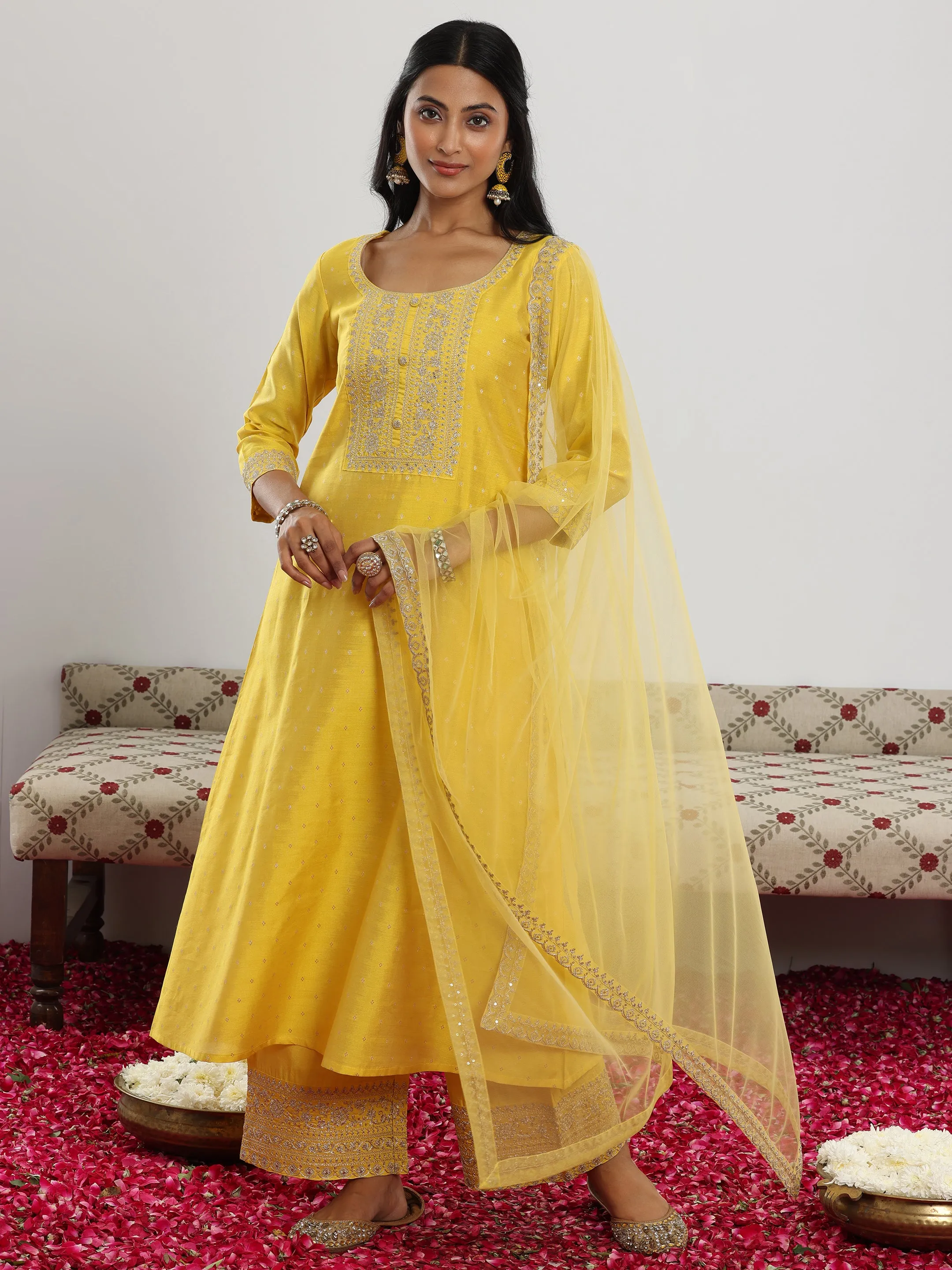 Yellow Woven Design Chanderi Silk A-Line Kurta With Trousers & Dupatta