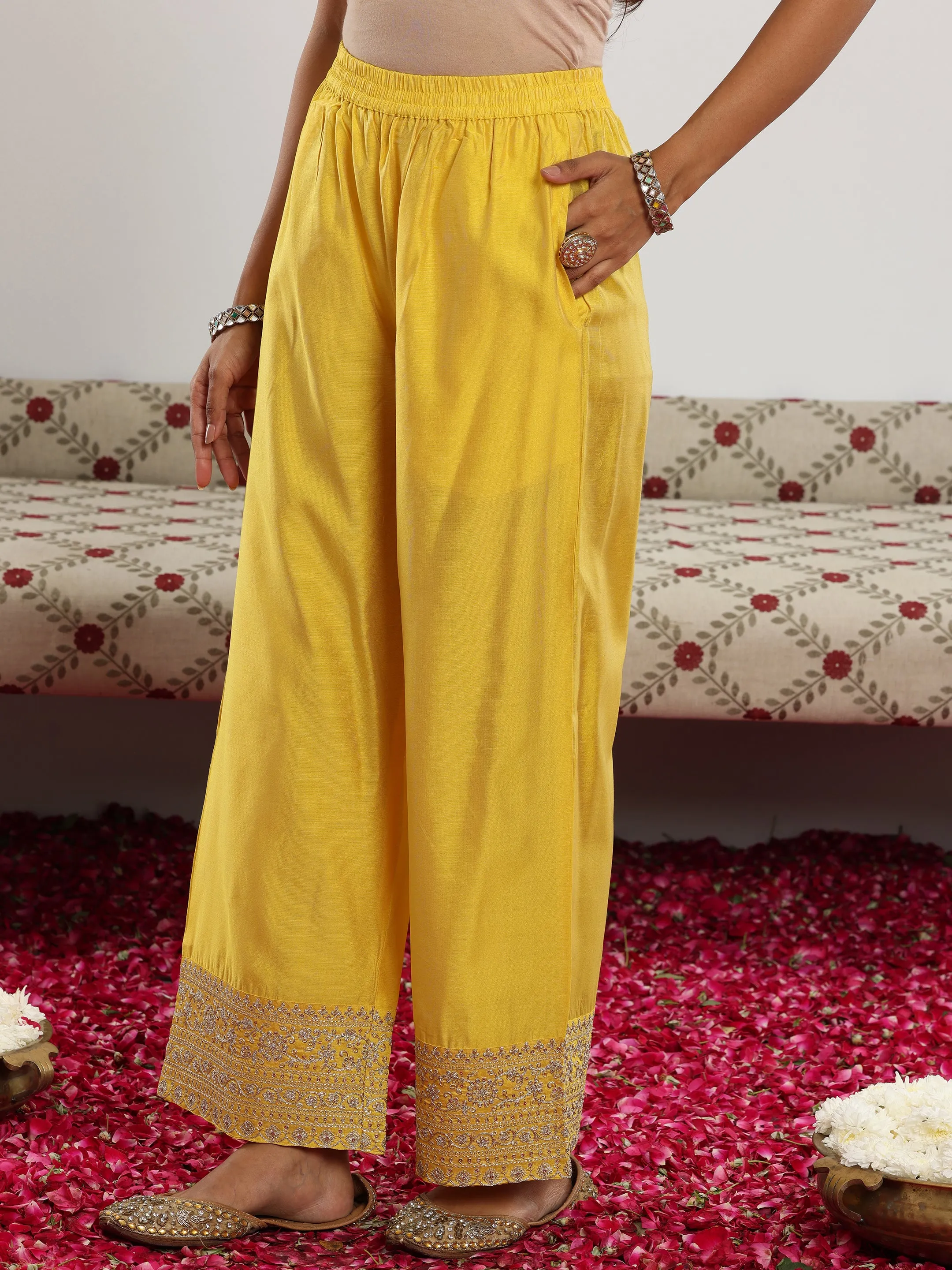 Yellow Woven Design Chanderi Silk A-Line Kurta With Trousers & Dupatta