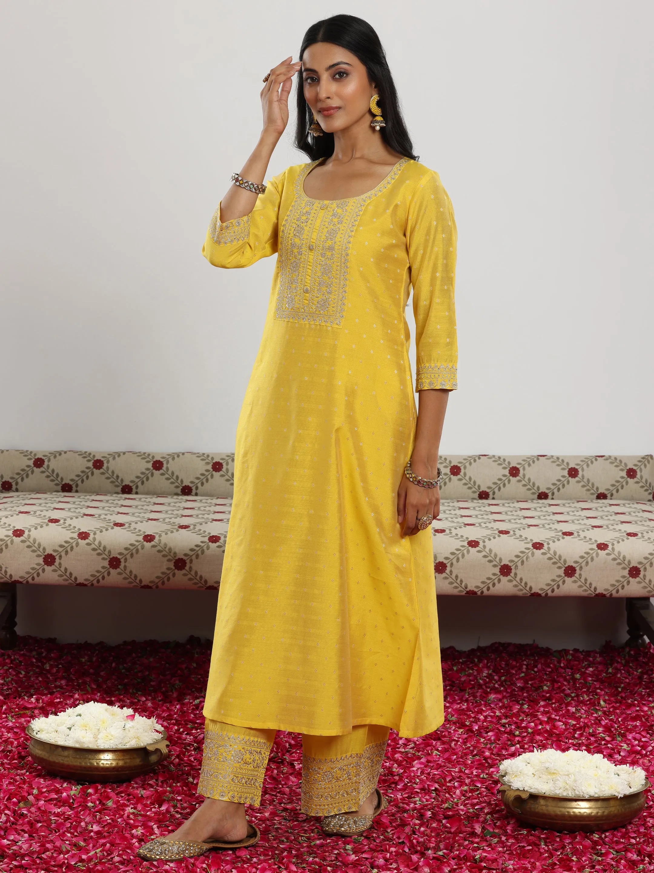 Yellow Woven Design Chanderi Silk A-Line Kurta With Trousers & Dupatta